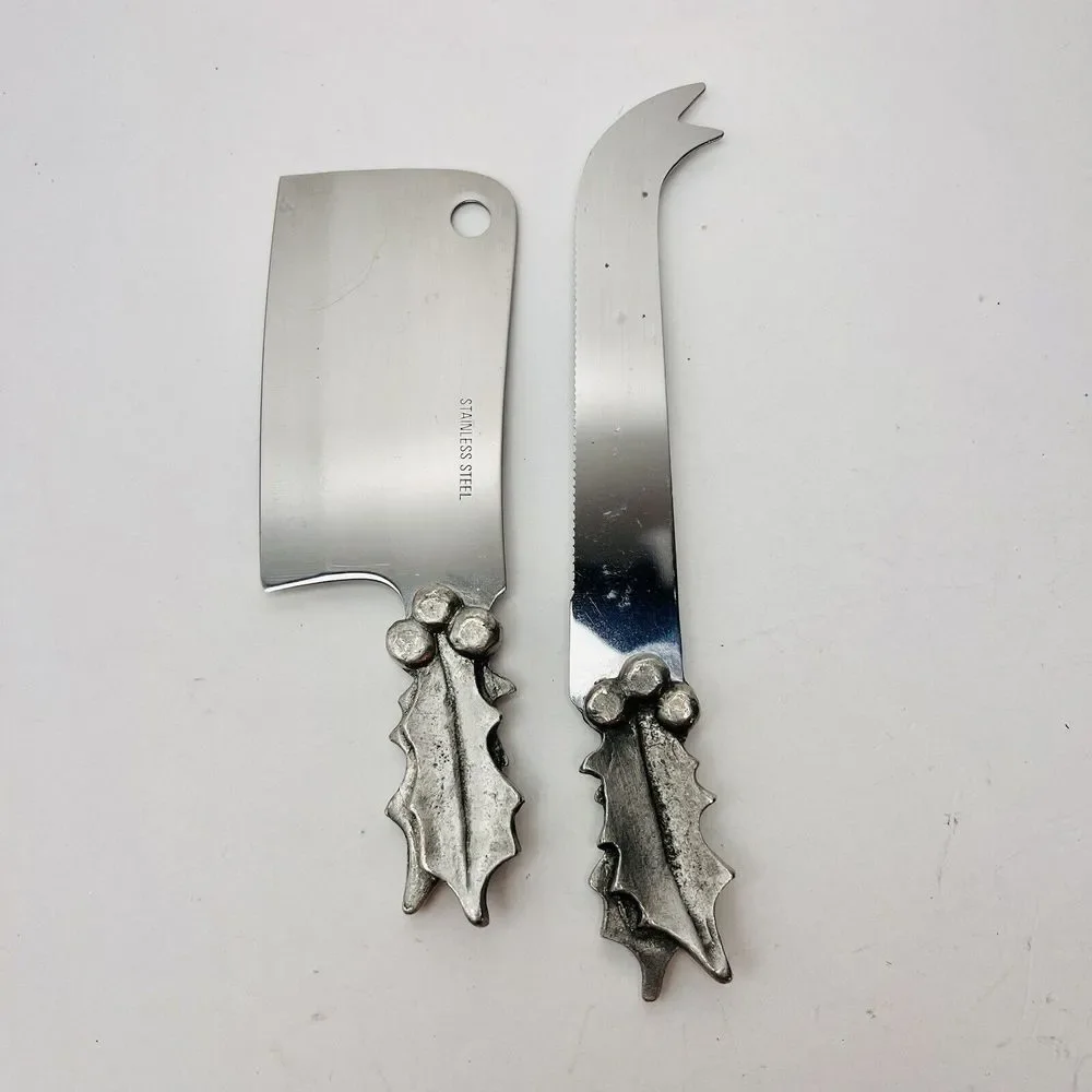Sheffield England Stainless Pewter Holly Cheese Set Knife Mini Butcher Christmas